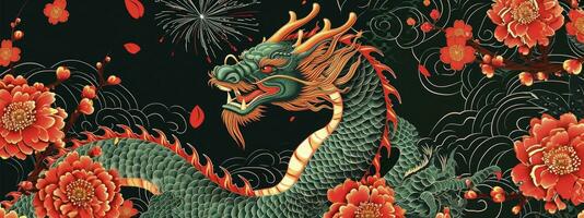 ai generiert Jahr von das Drachen. Chinesisch Neu Jahr. Glückwunsch Banner mit Grün Drachen, rot Blumen und Feuerwerk. foto