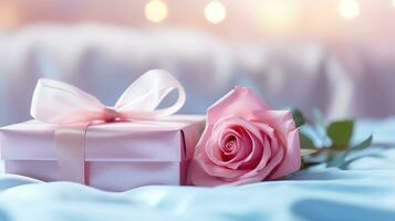 ai generiert Rosa Rose und ein Blau Geschenk Box mit Weiß Bogen. glücklich Valentinstag Tag Gruß Karte Konzept. ai generiert Bild foto