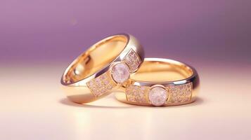 ai generiert Paar von Gold Hochzeit Ringe. glücklich Engagement Tag Konzept. ai generiert Bild foto