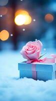 ai generiert Rosa Rose und ein Blau Geschenk Box mit Weiß Bogen. glücklich Valentinstag Tag Gruß Karte Konzept. ai generiert Bild foto