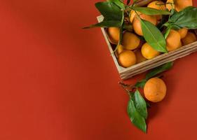 orange Mandarinen mit grünem Laub im Holzkorb auf rotem Grund