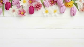 ai generiert Frühling Blumen und Ostern Ei mit Weiß hölzern Hintergrund foto