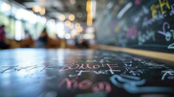 ai generiert anders Menschen anders Farbe Hand Schreiben auf ein Tafel Seite Aussicht Klassenzimmer Bokeh Hintergrund foto