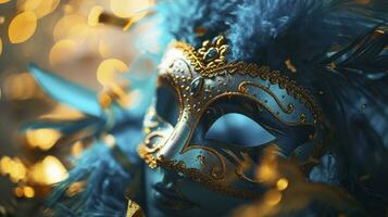 ai generiert realistisch Luxus Karneval Maske mit Blau Gefieder. abstrakt verschwommen Hintergrund, Gold Staub, und Licht Auswirkungen foto