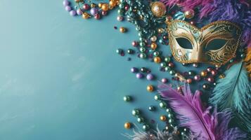 ai generiert bunt Karneval gras Perlen, Gefieder und Karneval Masken auf Blau Hintergrund mit Kopieren Raum foto
