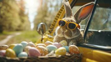 ai generiert süß Ostern Hase mit Sonnenbrille suchen aus von ein Auto abgelegt mit Ostern Eier foto
