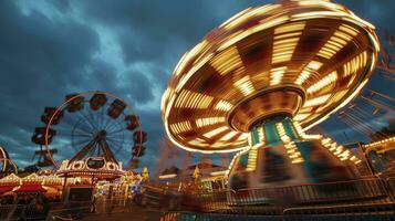 ai generiert Kirmes und Karneval Fahrten und Sehenswürdigkeiten glühend beim Nacht. foto