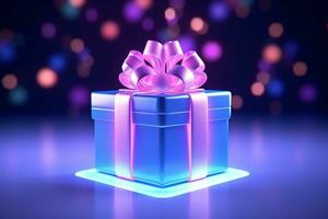 ai generiert realistisch Geschenk Box mit magisch leuchtenden Blau öffnen Geschenk Box mit magisch Licht foto