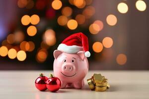 ai generiert Schweinchen Bank mit Santa Hut zum Weihnachten Ausgaben Budget und Geld Verwaltung foto