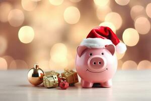 ai generiert Schweinchen Bank mit Santa Hut zum Weihnachten Ausgaben Budget und Geld Verwaltung foto