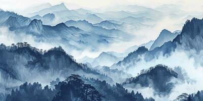 ai generiert Berg Landschaft, Aquarell. Chinesisch oder japanisch Blau Berge. Landschaft von nebelig Berge im das früh Morgen foto