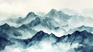 ai generiert ein Aquarell Landschaft von heiter Berge, inspiriert durch das Chinesisch Stil von klassisch traditionell Tinte malen. foto