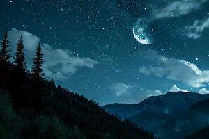 ai generiert Panorama Aussicht von Nacht Himmel und Mond, Sterne, Ramadan kareem islamisch Hintergrund foto