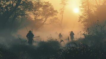 ai generiert atemberaubend Dämmerung Szene im Nebel mit silhouettiert Samurai auf das historisch Sekigahara Schlachtfeld, geliefert im modern Tinte waschen Stil und stumm geschaltet Töne. foto