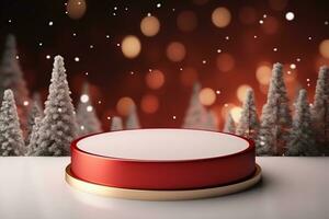 ai generiert fröhlich Weihnachten 3d gerendert rot Podium Anzeige zum Veranstaltung foto
