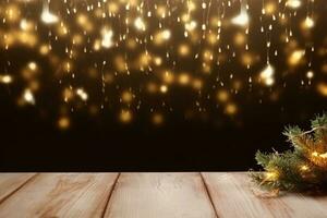 ai generiert leeren rustikal hölzern Tabelle im Vorderseite von Weihnachten Licht Nacht, abstrakt kreisförmig Bokeh Hintergrund foto