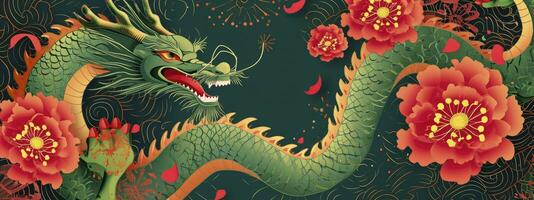 ai generiert Jahr von das Drachen. Chinesisch Neu Jahr. Glückwunsch Banner mit Grün Drachen, rot Blumen und Feuerwerk. foto