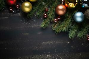 ai generiert Weihnachten Ferien Komposition von Tanne Baum Geäst mit Kugeln Kopieren Raum foto