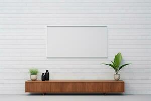ai generiert 3d gerendert leeren Plasma Fernseher Weiß Zimmer mit ein hölzern Tabelle und Pflanzen minimal mit Kopieren Raum foto