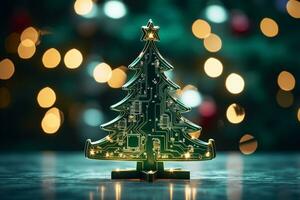 ai generiert Weihnachten Baum gemacht mit Schaltkreis Tafel Technologie Konzept foto