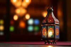 ai generiert eid dekorativ traditionell Lampen auf Bokeh Hintergrund auf hölzern Tabelle foto