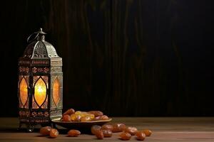 ai generiert Zier Arabisch Laterne glühend zum Muslim heilig Monat Ramadan kareem foto