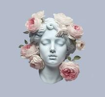 ai generiert Kunst Skulptur von ein Marmor Kopf ist gepaart mit Rosen, im das Stil von Digital Kunst, nostalgisch Illustration. foto