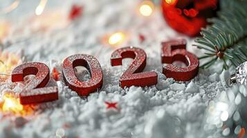 ai generiert Neu Jahr Hintergrund mit das Zahlen 2025 auf das Weiß Eis Licht Bokeh Hintergrund foto