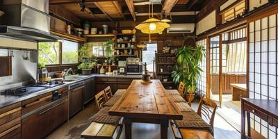 ai generiert japanisch Stil Küche Innere foto