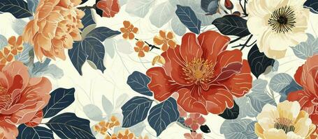 ai generiert asiatisch Hintergrund, orientalisch japanisch und Chinesisch Stil abstrakt Muster Hintergrund Design mit botanisch Blumen schmücken im Aquarell foto