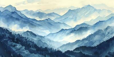 ai generiert Berg Landschaft, Aquarell. Chinesisch oder japanisch Blau Berge. Landschaft von nebelig Berge im das früh Morgen foto