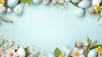 ai generiert Frühling Blumen und bunt Ostern Ei mit Pastell- Blau Hintergrund foto