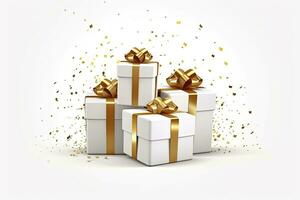 ai generiert fröhlich Neu Jahr und fröhlich Weihnachten 2024 Weiß Geschenk Kisten mit golden Bögen und Gold Pailletten Konfetti auf Weiß Hintergrund. ai generiert foto