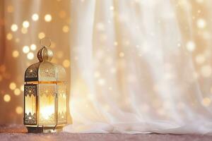 ai generiert eid dekorativ traditionell Lampen auf Weiß Bokeh Hintergrund foto