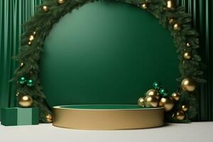 ai generiert 3d gerendert Grün Podium Anzeige zum fröhlich Weihnachten Veranstaltung foto