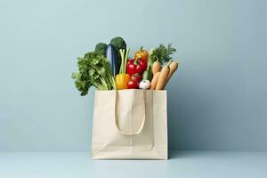 ai generiert Lebensmittelgeschäft voll Tasche. Weiß Einkaufen Tasche mit Gemüse im Licht Blau Hintergrund. generativ ai foto