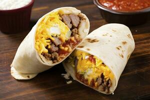 ai generiert Frühstück Burrito mit Wurst, Eier, hashbraun und Käse. ai generiert foto
