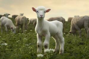 ai generiert Weiß Lamm im ein Feld im Vorderseite von andere Tiere. generativ ai foto