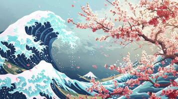 ai generiert abstrakt Hokusai Stil Hintergrund. Wellen, Meer, Rosa Sakura Bäume. foto