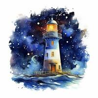 ai generiert Leuchtturm neben das Meer beim Nacht. Aquarell zum T-Shirt Design. ai generiert foto