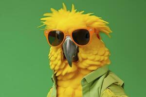ai generiert das Gelb Papagei trägt Sonnenbrille Über ein Grün Hintergrund. foto