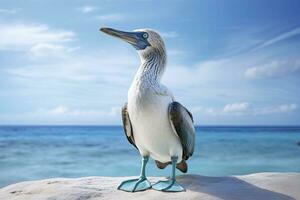 ai generiert das Selten Blaufuß Tölpel ruht auf das Strand. ai generiert foto