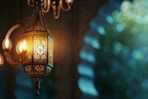 ai generiert hängend Zier Arabisch Laterne glühend beim Nacht Einladung zum Muslim heilig Monat Ramadan kareem foto