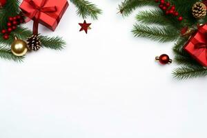 ai generiert Weihnachten Ferien Komposition von Grün Tanne Baum Geäst mit Geschenke Kopieren Raum foto