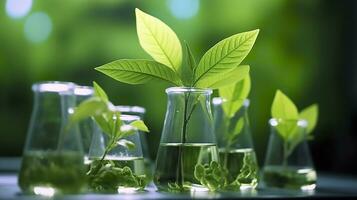 ai generiert Biotechnologie Konzept mit Grün Pflanze Blätter, Labor Glaswaren, und Dirigieren Forschung, illustrieren das mächtig Kombination von Natur und Wissenschaft im medizinisch Fortschritte. foto