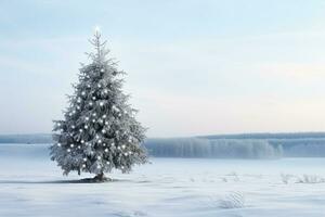 ai generiert Schnee Landschaft von Winter Wunderland mit leuchtenden Weihnachten Baum foto