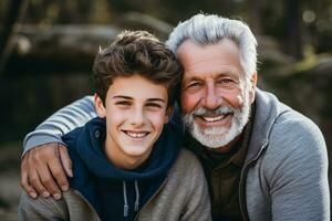 ai generiert Vater Ausgaben Zeit zusammen mit seine Sohn draußen foto