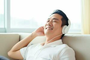ai generiert Ruhe asiatisch Mann Sitzung auf Sofa Hören zu Musik- Hörbuch genießen Meditation zum Schlaf und Frieden foto