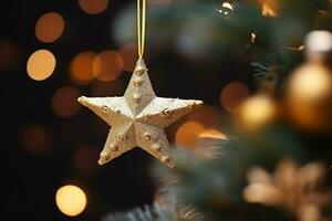 ai generiert ein schließen oben von ein Weihnachten Baum mit Star Kugeln hängend von es ist Geäst und ein verschwommen Hintergrund foto