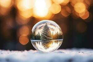 ai generiert Kristall Ball mit ein schneebedeckt Weihnachten Baum Tanne Baum Innerhalb fallen Schnee realistisch Urlaub Dekoration foto